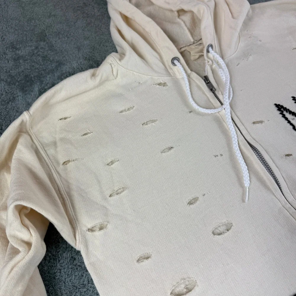 Free People x Tricia Fix Distressed NYC Hoodie Cream Repurposed Vintage XS‎ Zip